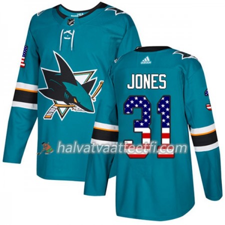 Miesten NHL San Jose Sharks Pelipaita Martin Jones 31 Adidas 2017-2018 Teal USA Flag Fashion Authentic